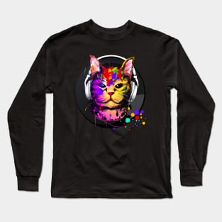 Colorful cat with headphones Long Sleeve T-Shirt